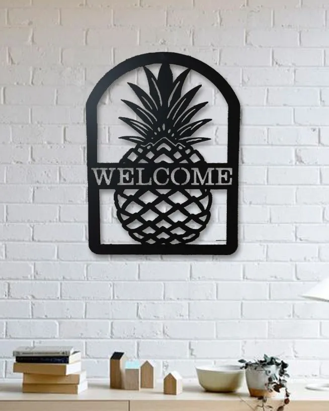 Welcome Written Pineapple Pattern Wall Decorative Metal Wall Art Black Wall Décor,Living Room, Bedroom, Kitchen, bathroom Inter