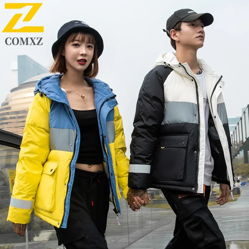 COMXZ Mens Bread Jacket Color Blocking Hooded Trendy Versatile Fit Camping Trip Puffer Jacket Travel High Quality Winter Jacket