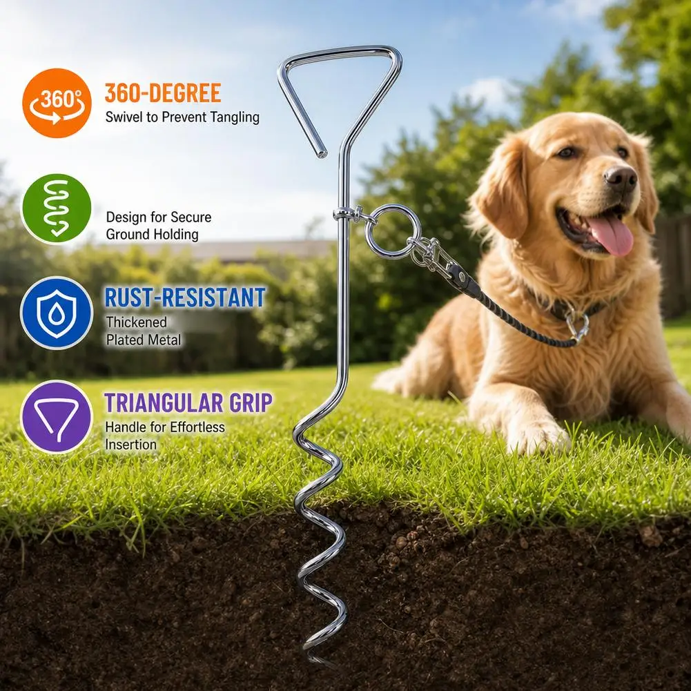 Heavy Duty Dog Tie Out Stake 360 Swivel Spiral Ground Anchor Anti-Tangle Pet Leash Tether Spike for Yard Camping
