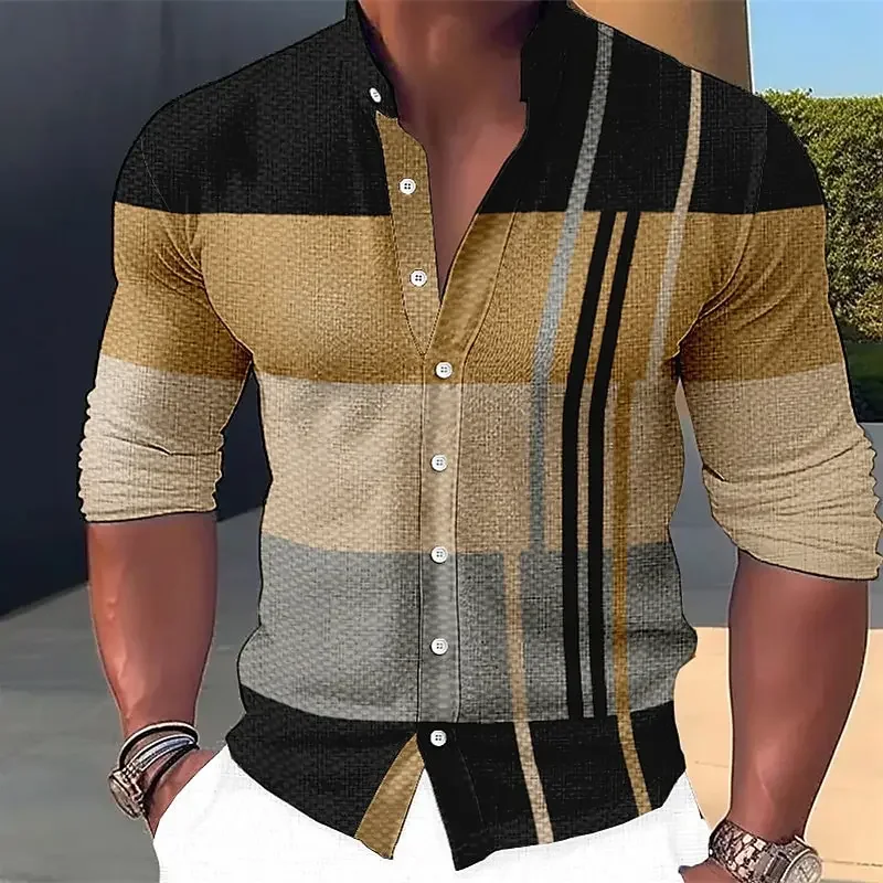 Summer Men\'s Shirt Striped Pattern Stand Collar Outdoor Street Long Sleeve Printed Clothing Fashion Street Button Design Top