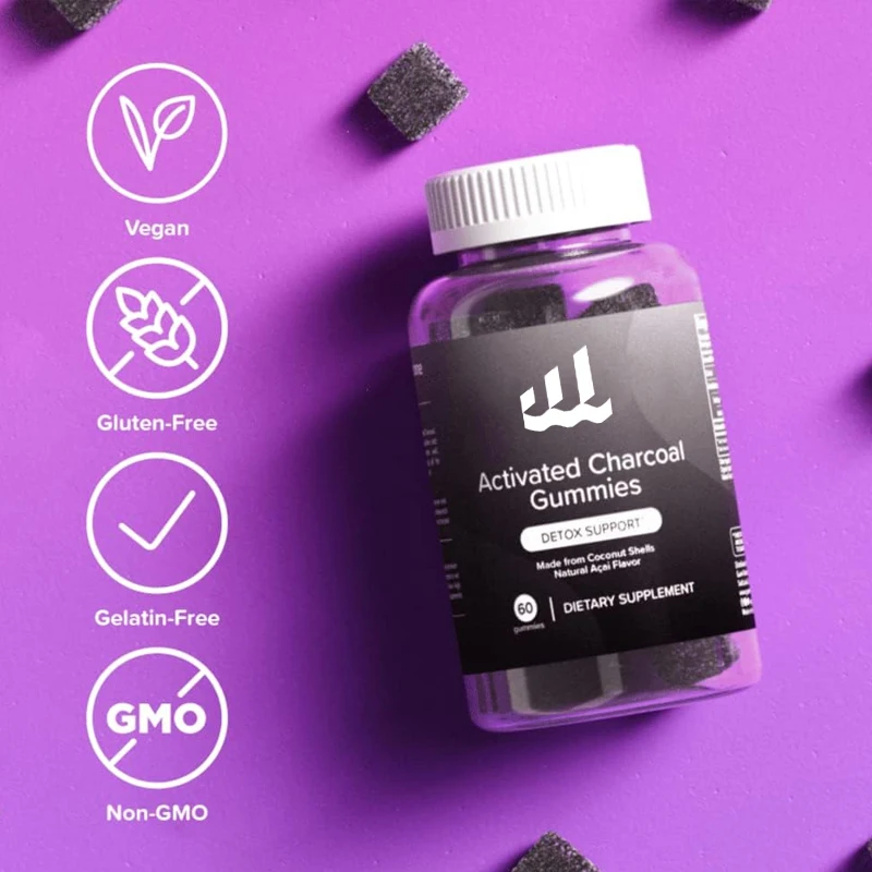 

Coconut activated charcoal gummies - used for detoxification, oral and intestinal health - gluten free, vegetarian and non GMO