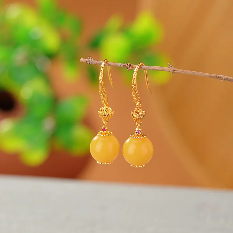 S925 Sterling Silver Gold-Plated Amber Hollow Round Bead Earrings Versatile Ear Hooks