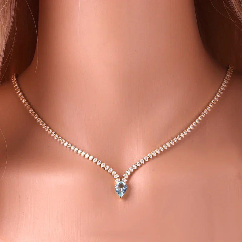 Высококачественная цепочка Iced Out с каплями воды и кубическим цирконием, светло-голубое ожерелье для женщин, позолоченное 18-каратное ювелирное изделие для свадебной вечеринки Высококачественная цепочка Iced Out с каплями воды и кубическим цирконием, светло-голубое ожерелье для женщин, позолоченное 18-каратное ювелирное изделие для свадебной вечеринки