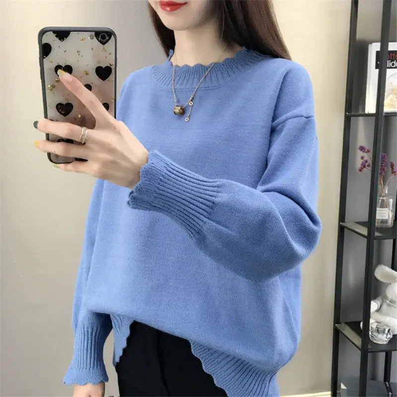 Women Autumn Winter Korean Loose Solid Color O-neck Long Sleeve Knitwear Ladies Fashion All-match Trend Knitting Bottoming Shirt