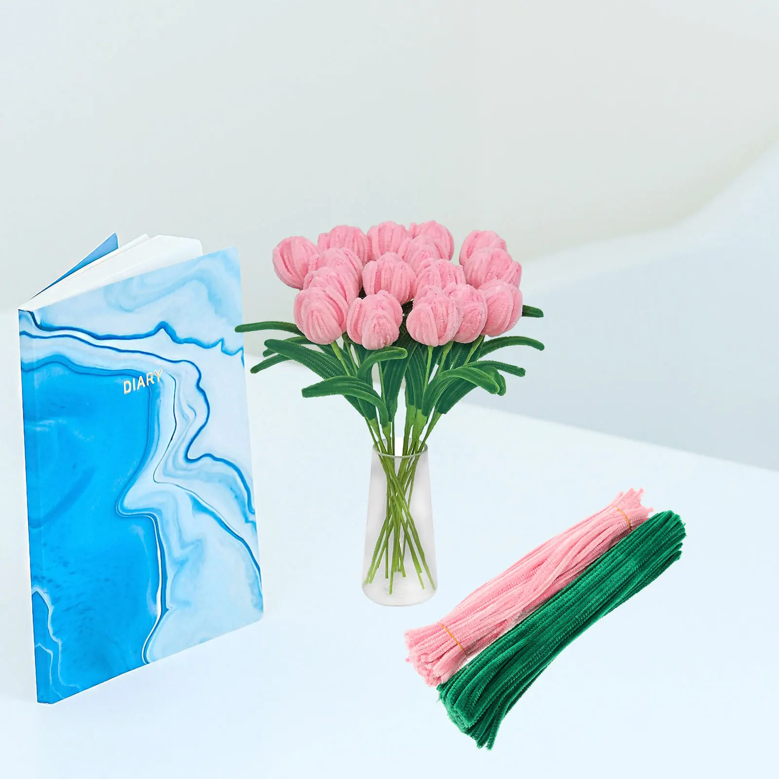 

Twist Stick Flower Pole Bouquet H made DIY Accessories Material Package Pink Tulip Two Bunches Chenille Stems Bright for Crafts