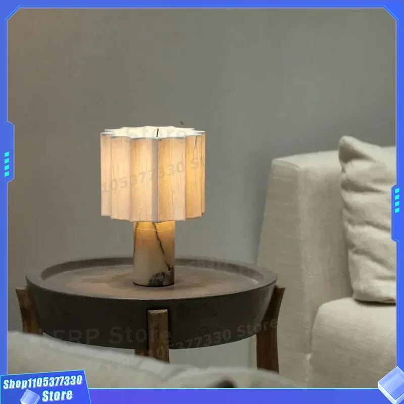 Modern Marble Base Touch Control Desk Lamp Creative Pleated Fabric Shade Simple Designer Bedside Light for Living Room