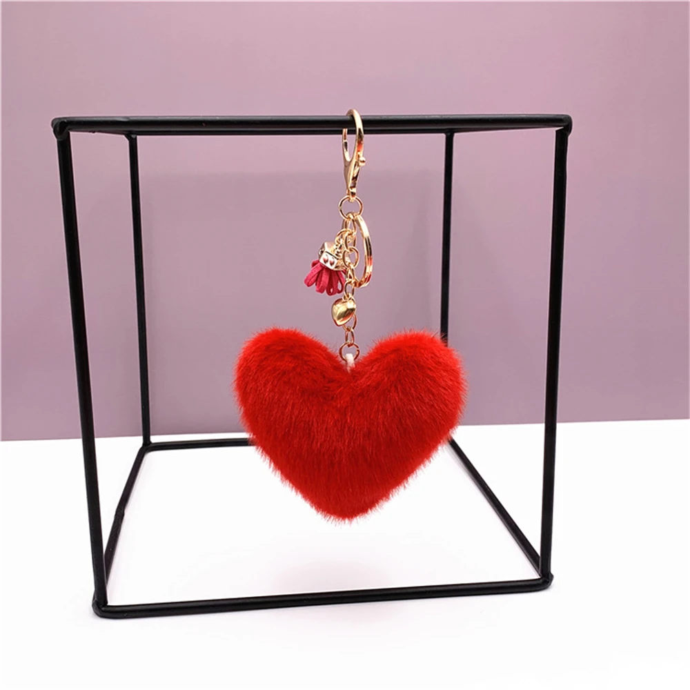 Colorful Heart Pompom Keychain Mini Tassel Pendant for Women Fashion Plush Ball Bag Ornament Car Keyring Accessories Party Gift