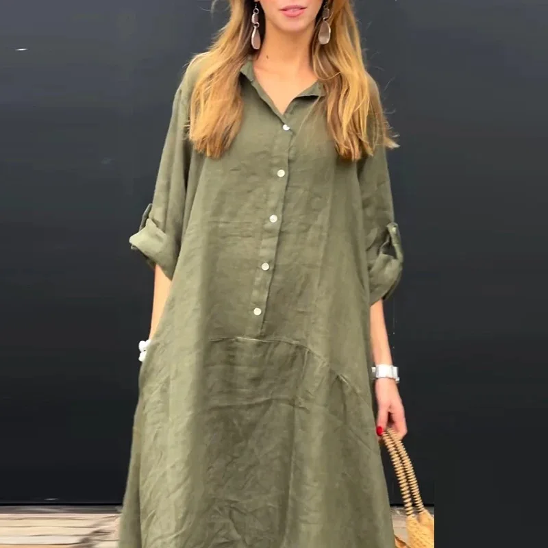 Women Dresses 2026  Summer casual pocket turn down collar casual cotton linen blend long dress women's clothing vestidoes