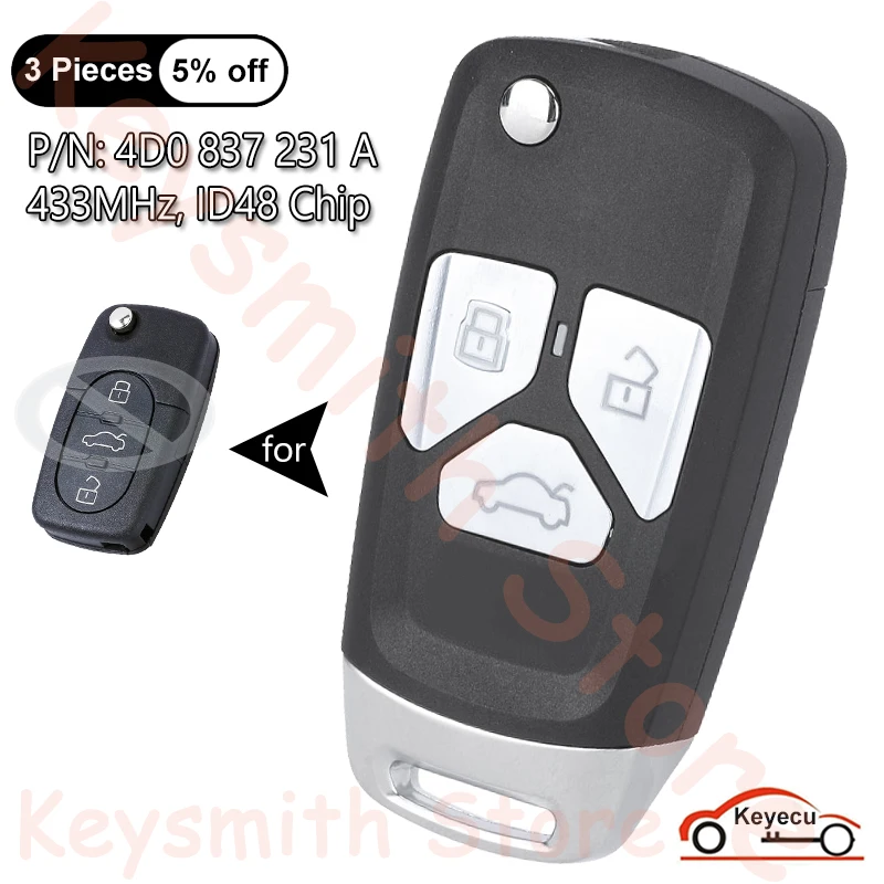 KEYECU-mando A distancia para coche, dispositivo con 3 botones, Chip ID48 de 433MHz, 4D0837231A, 4D0, 1999, 2002 A, para Audi A3, A4, A6, A8 TT, 837-231