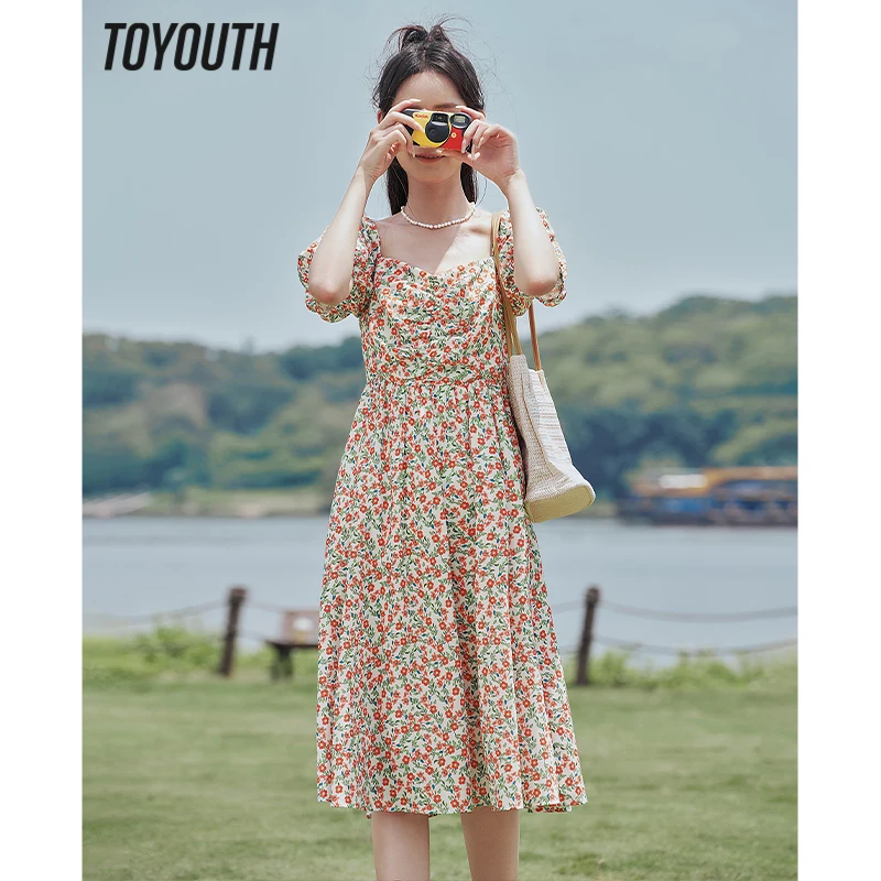 Toyouth Women Dress 2023 Summer Puff Sleeves Square Neck A-shaped Chest Pleats Floral Print French Elegant Holiday Party Skirt