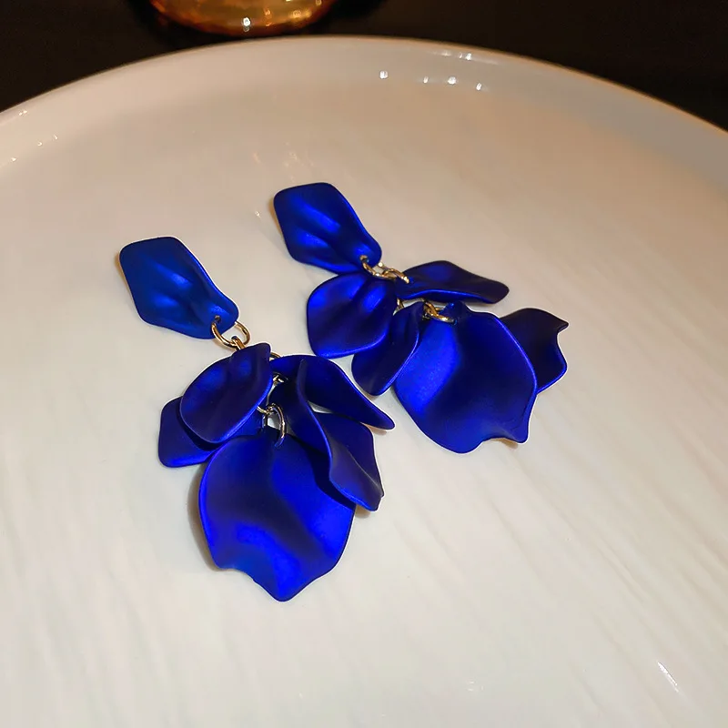 Matte Petal Tassel Earrings for Women Light Luxury Fashion Blue Drop Earring Personality All-match Jewelry Wholesale Female