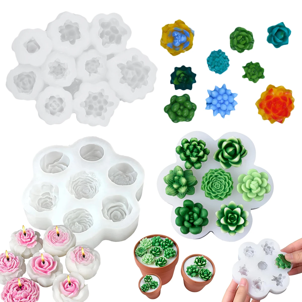 Molde de silicona de 7 o 9 cavidades para velas de flores suculentas, rosas, peonías, jabón, cera aromática, yeso, chocolate y decoración de pasteles