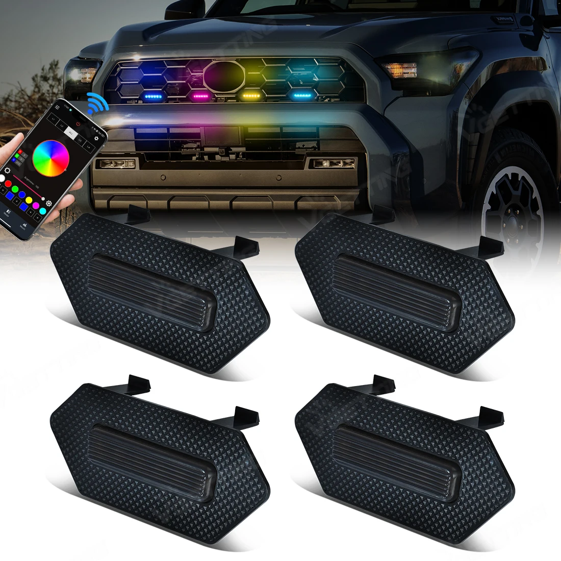 

RGBW для Toyota 4Runner TRD Pro 2025, передняя решетка автомобиля, решетка, светодиодная DRL, предупреждающие дневные ходовые огни, управление через приложение, 4 шт.