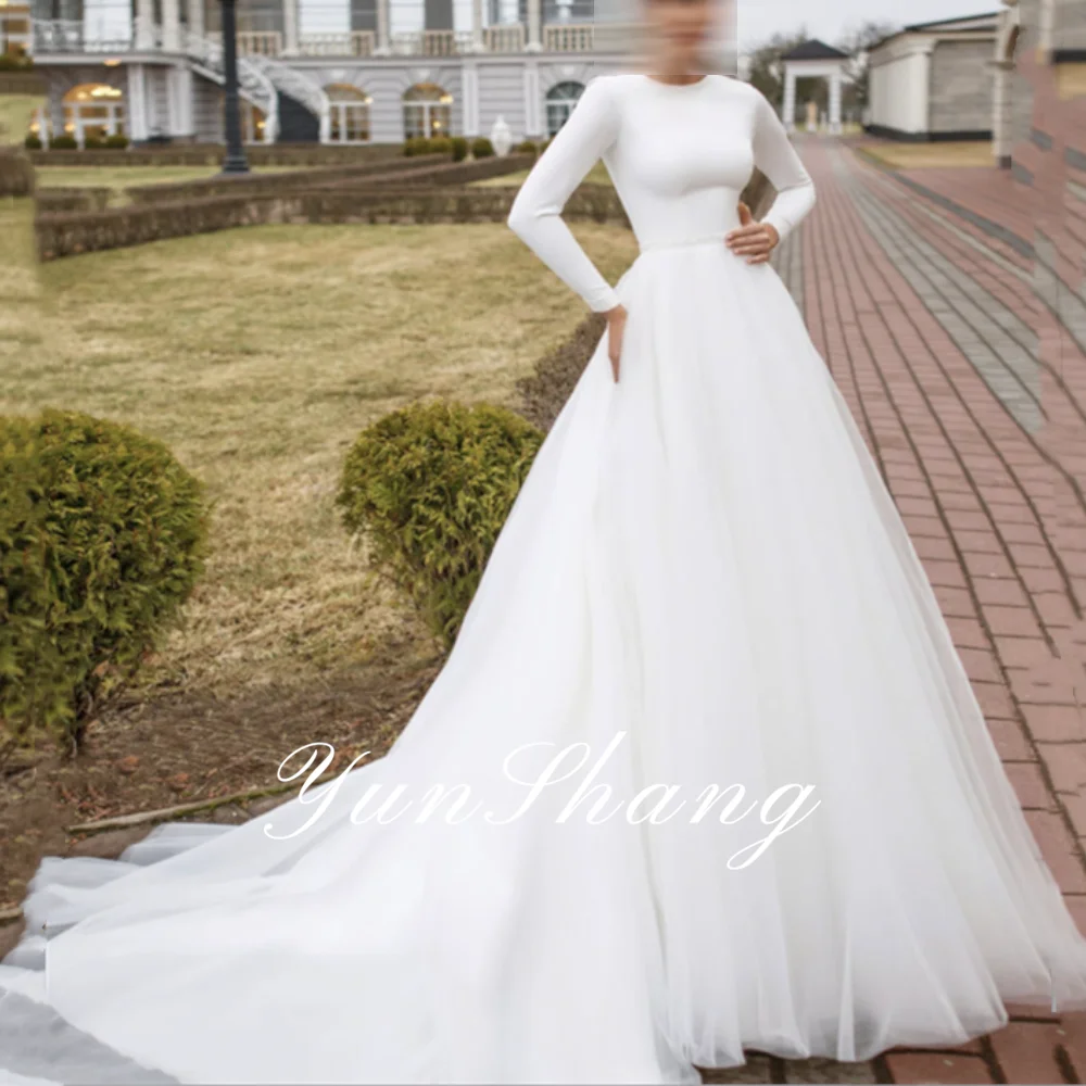 YunShang Customized O-Neck Tulle Wedding Dress Full Sleeves Beading Zipper Back White Ball Gowns Court Train Vestido For Women