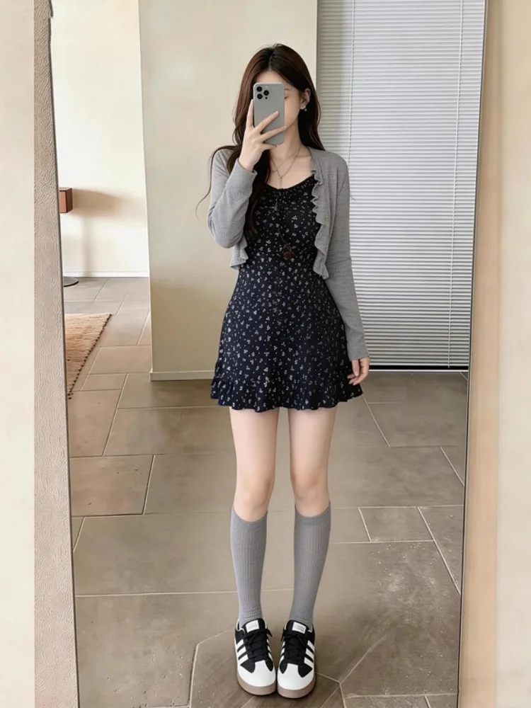 

plus Size Summer Floral Knitted Dress Slimming Waist Belt Women's Strap Set Casual Style Breathable Comfortable Chinese Brand