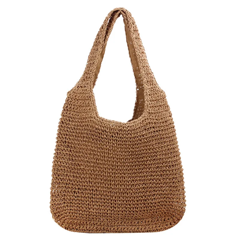 Effen Kleur Eenvoudige En Modieuze Papieren Touw Geweven Strand Enkele Schouder Casual Dames Stro Geweven Tas