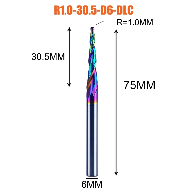 Dreanique 1 Stück DLC-beschichteter Schaftfräser, Spiral-Konus-Kugelkopf-Gravurfräser, 2-schneidiger Vollhartmetall-Fräser für Holz und Aluminium