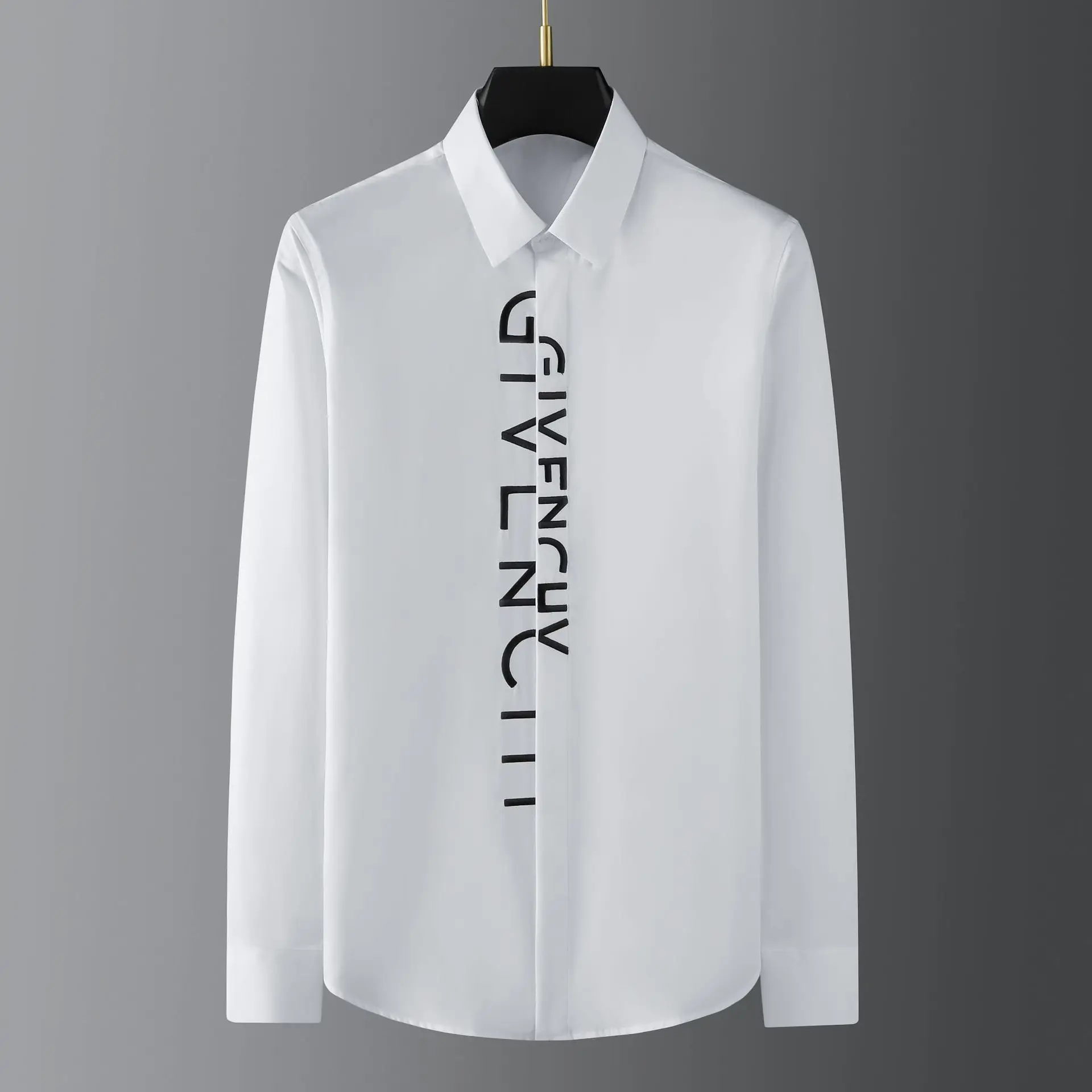 Spring and summer new style placket with messy letters embroidered high-end men\'s long sleeved shirt factory