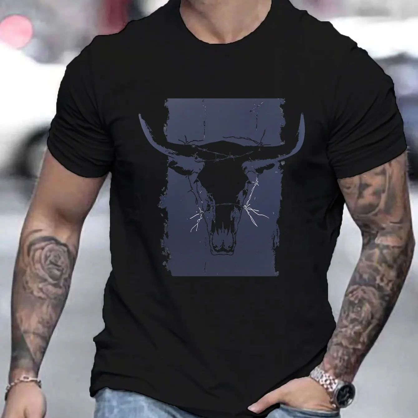 Summer Men's 100% Cotton Crew Neck T‑Shirt, Western Bull Head Pattern Print, Casual Loose‑Fit Plus‑Size Daily Short Sleeve Top