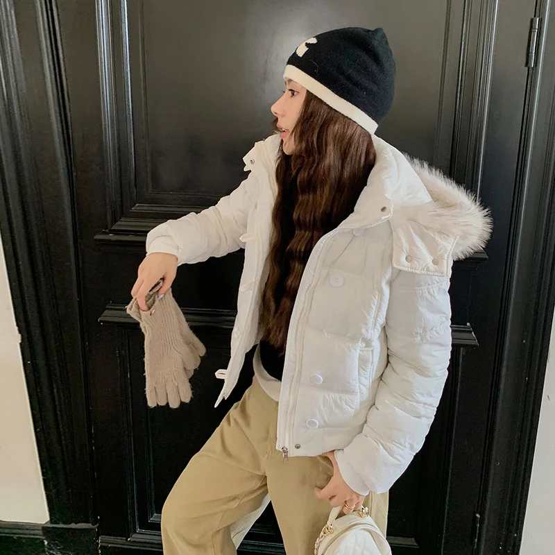 Women Short Parkas Coats Hooded Overcoats Solid Fur Collar Zipper Long Sleeve Loose Thick Casual Office Lady Autumn Winter 2025