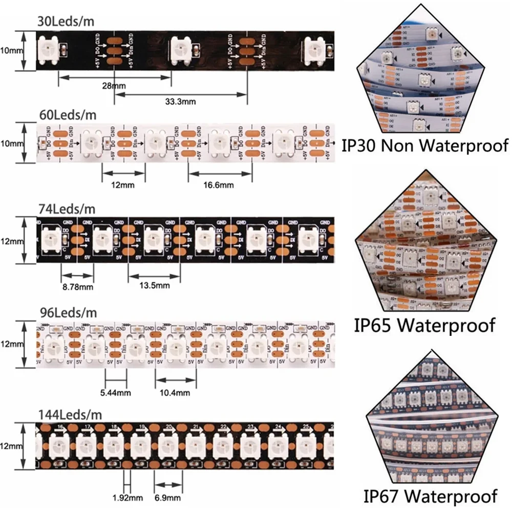 

Адресная светодиодная лента WS2812B SMD5050 RGB с интеллектуальными пикселями, водонепроницаемая черно-белая печатная плата, 30/60/74/96/144 светодиодов IP30/65/67 DC5V