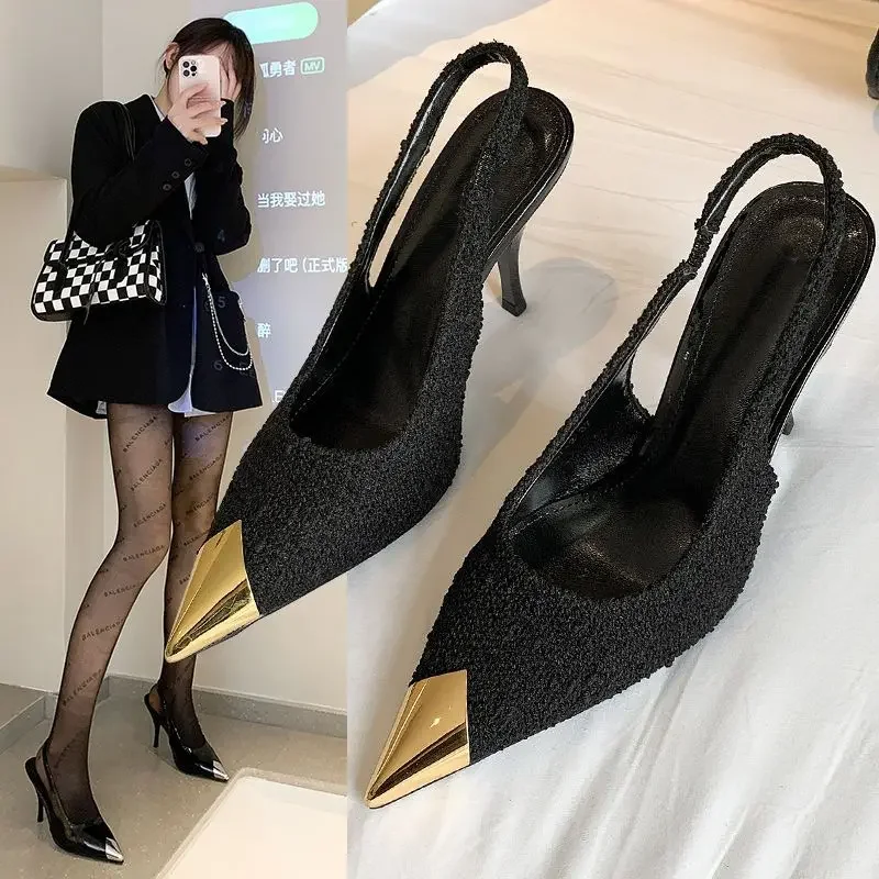 Summer 2024 Gold Leather Footwear High Heels Black Pointed Toe for Office Work Sandals Woman Thin Sexy Women\'s Shoes F Sandal H