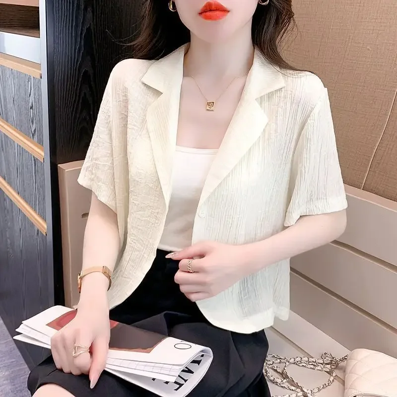 Summer Elegant and High End, Simple Commuting and Leisure Versatile Solid Color Hollow Pit Stripe Short Sleeved Suit Coat B827