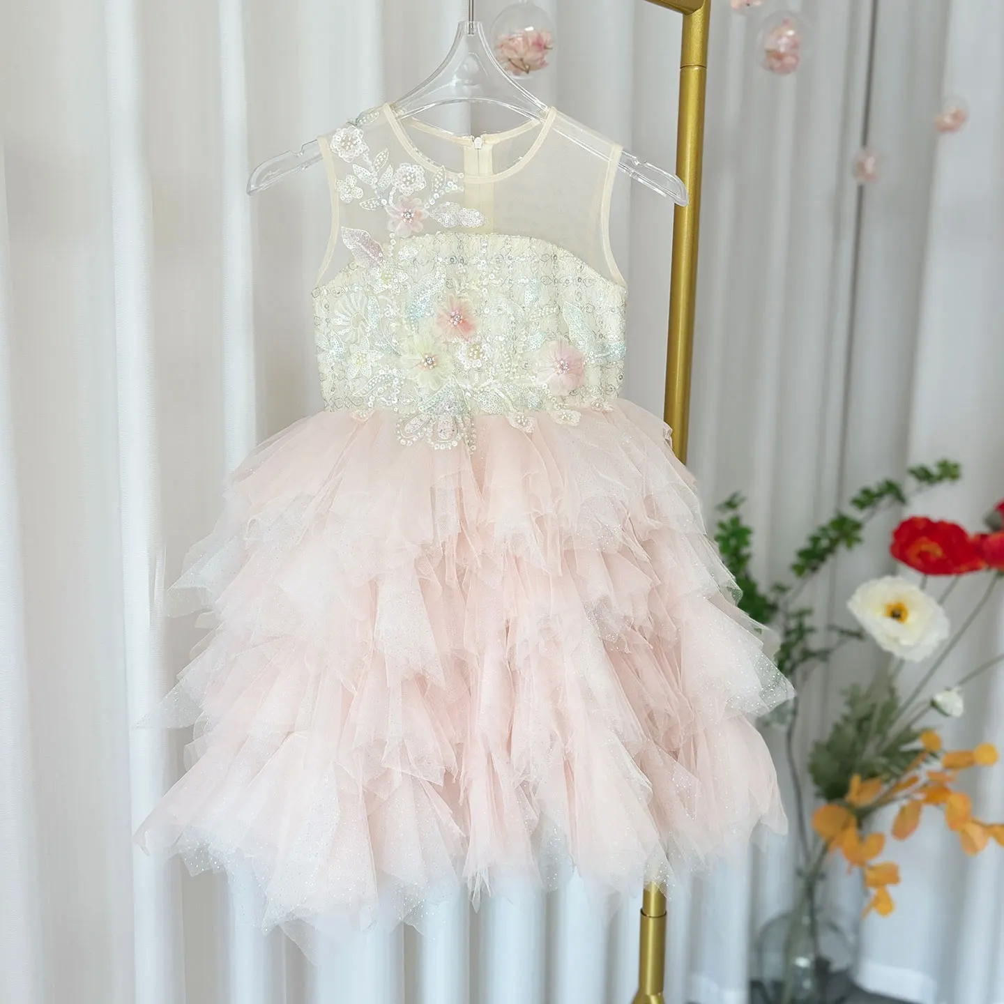 Jill Wish Elegant Pink Beading Puffy Girl Dress Knee Length Arabic Princess Baby Wedding Birthday Party Holiday Ball Gown J182