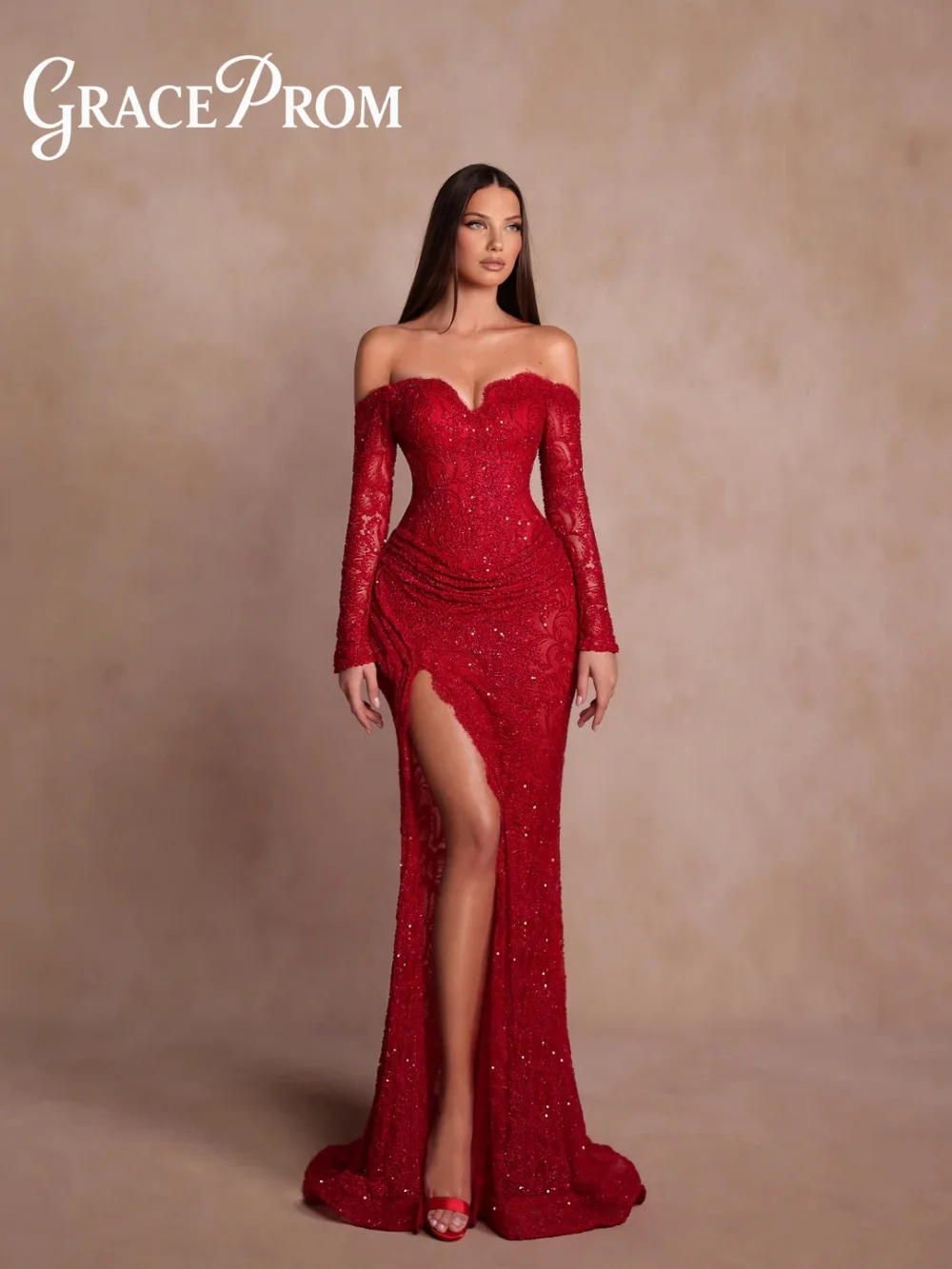 

GraceProm Luxurious Red Evening Dress 2026 Lace-Embellished Carpet Gown Fashionable A-Line Floor-Length Party Gown فساتين سهرة