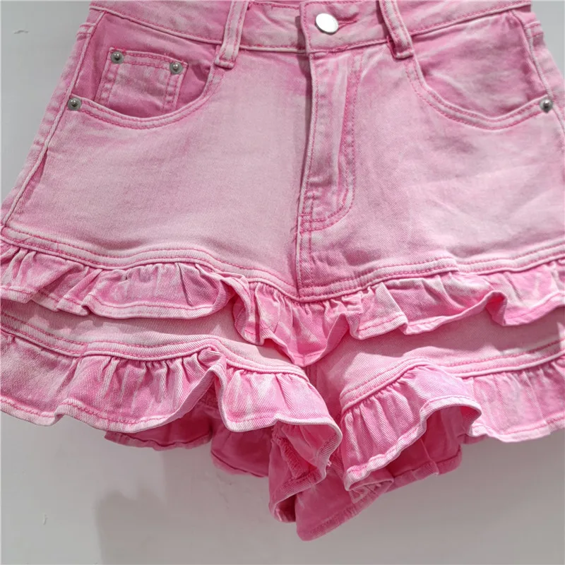 Pantaloncini di jeans con bordo dolce fungo alla moda coreana Pantaloncini a gamba larga a vita alta versatili elastici super belli estivi da donna