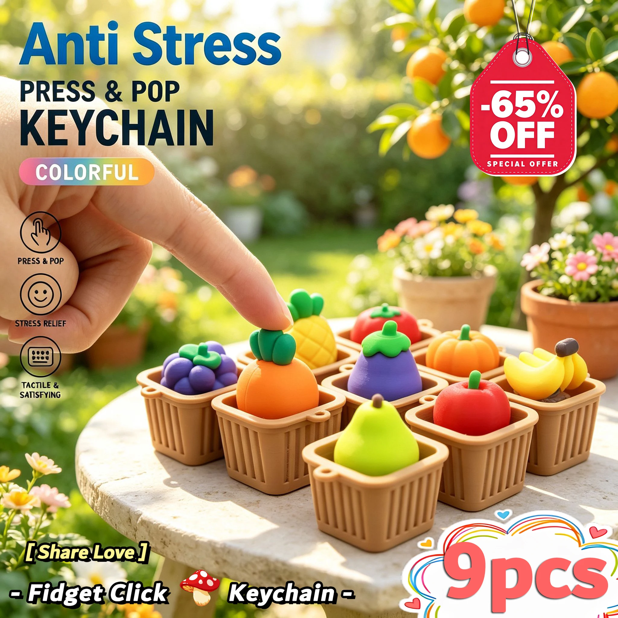 1~9Pcs Fruit Fidget Clicker Keychain 3D Printed Simulation Fruit Keyboard Keyring Anti Stress Christmas New Year Couple Gifts