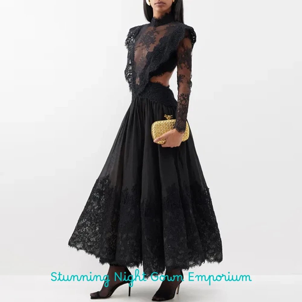 Delicate Lace High Collar Evening Dresses Sexy Open Back Customized Prom Dresses Luxury Long Sleeves Special Occasion Gowns image 4