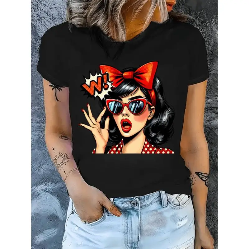 

Women's Pop Art T-Shirt Vintage Comic Girl Graphic Tee Retro Pinup Beauty Fashion Lover Gift Summer Casual Top