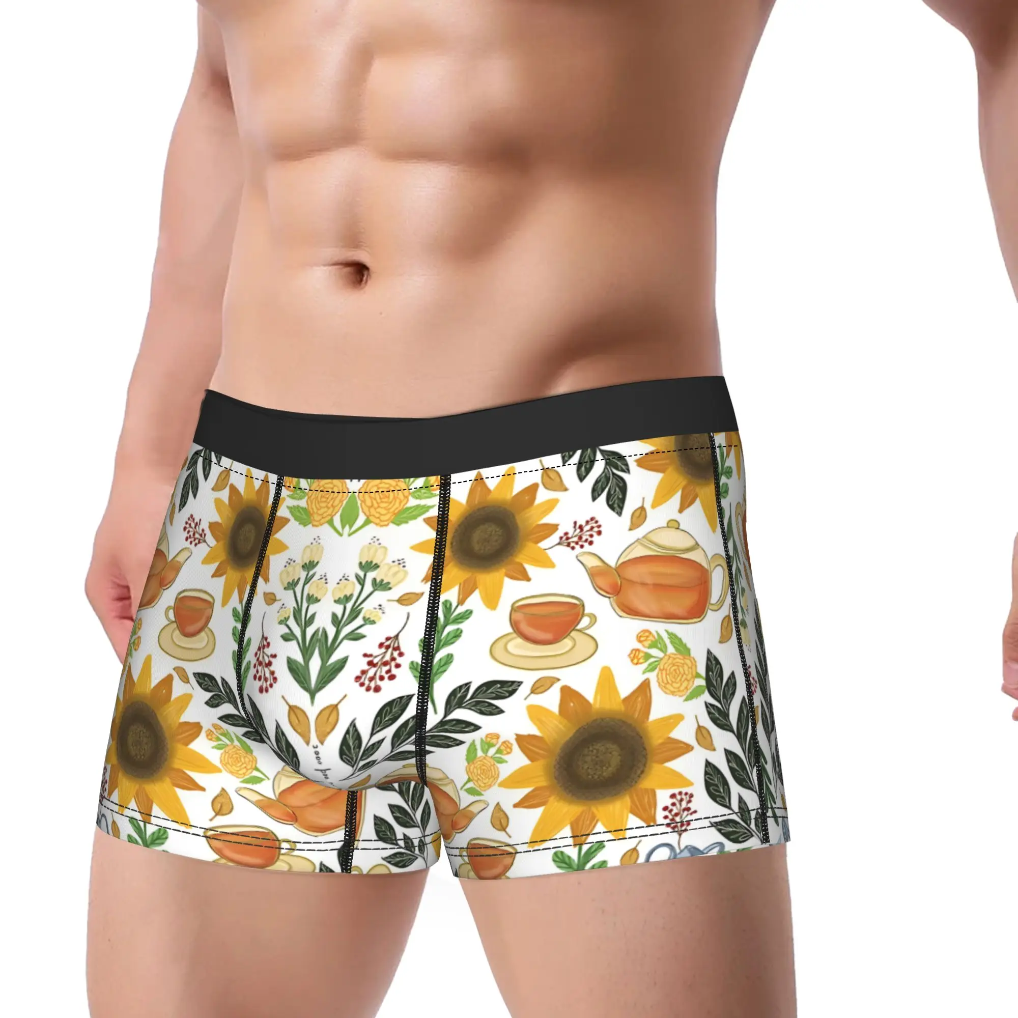 Golden Tea Time And Sunflowers Underpants Breathbale Panties Man Underwear Sunflower Print Shorts Boxer Briefs