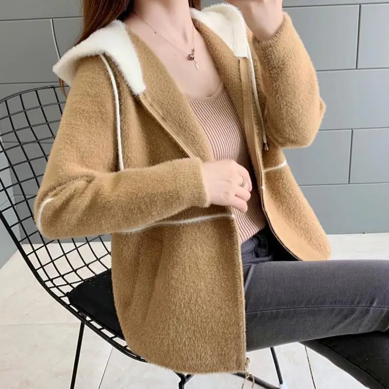 Casual Hooded Imitation Mink Velvet Cardigan Women Korean Fashion Loose Sweater Jacket Fall Soft Long Sleeve Knitted Coat U795