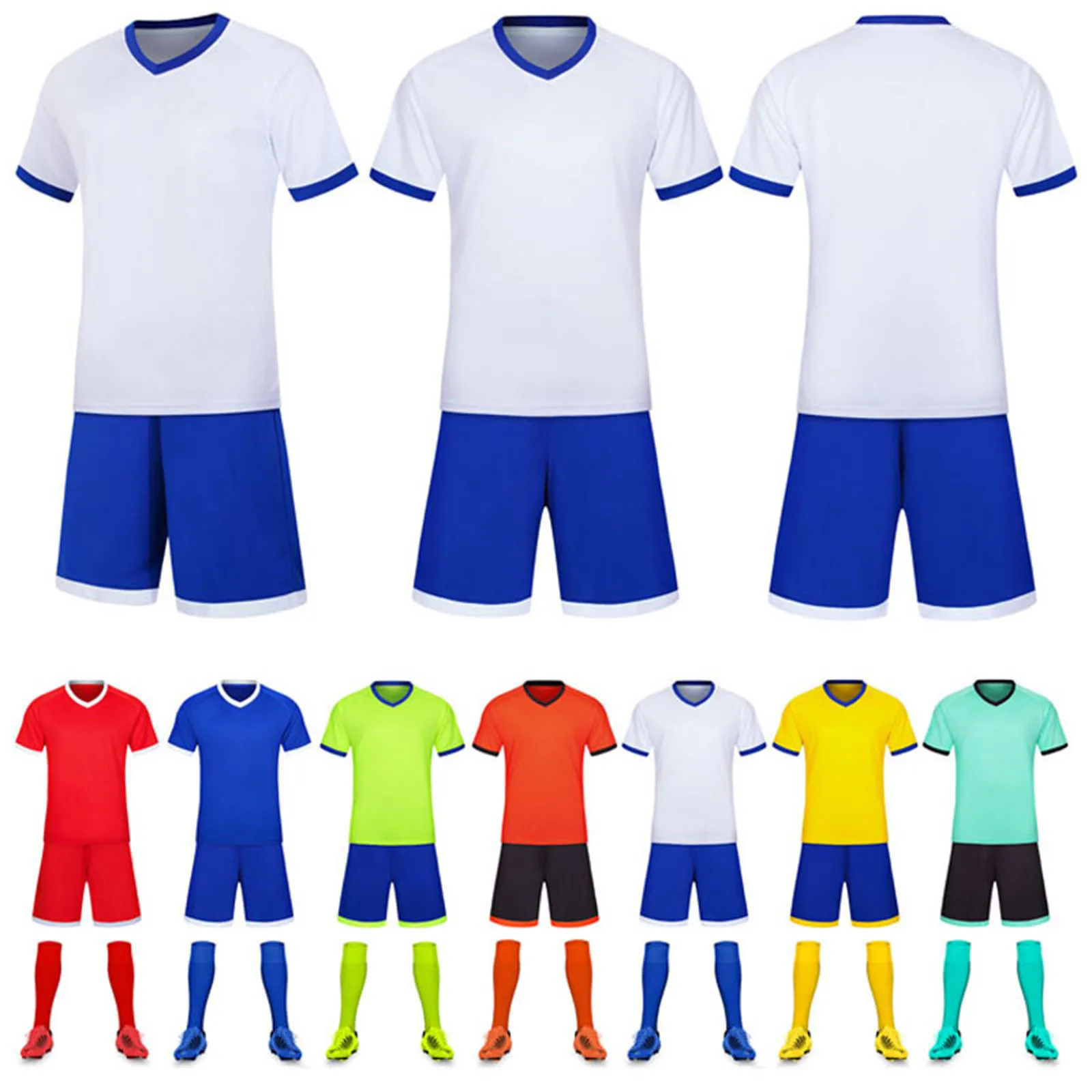 New Boy Girl Rugby Football Shirt Solid Color Soccer Top Tee+Shorts Sport Clothes Set Kids School Football Jersey Sets Gym Suit