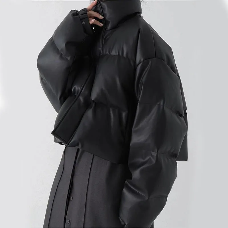 Imagem -05 - Parkas Curtas de Couro pu Grosso para Mulheres Jaqueta Monocromática Gola Alta Cabolsa Solto Zíper Botão Tudo Combina Streetwear Quente Moda Inverno