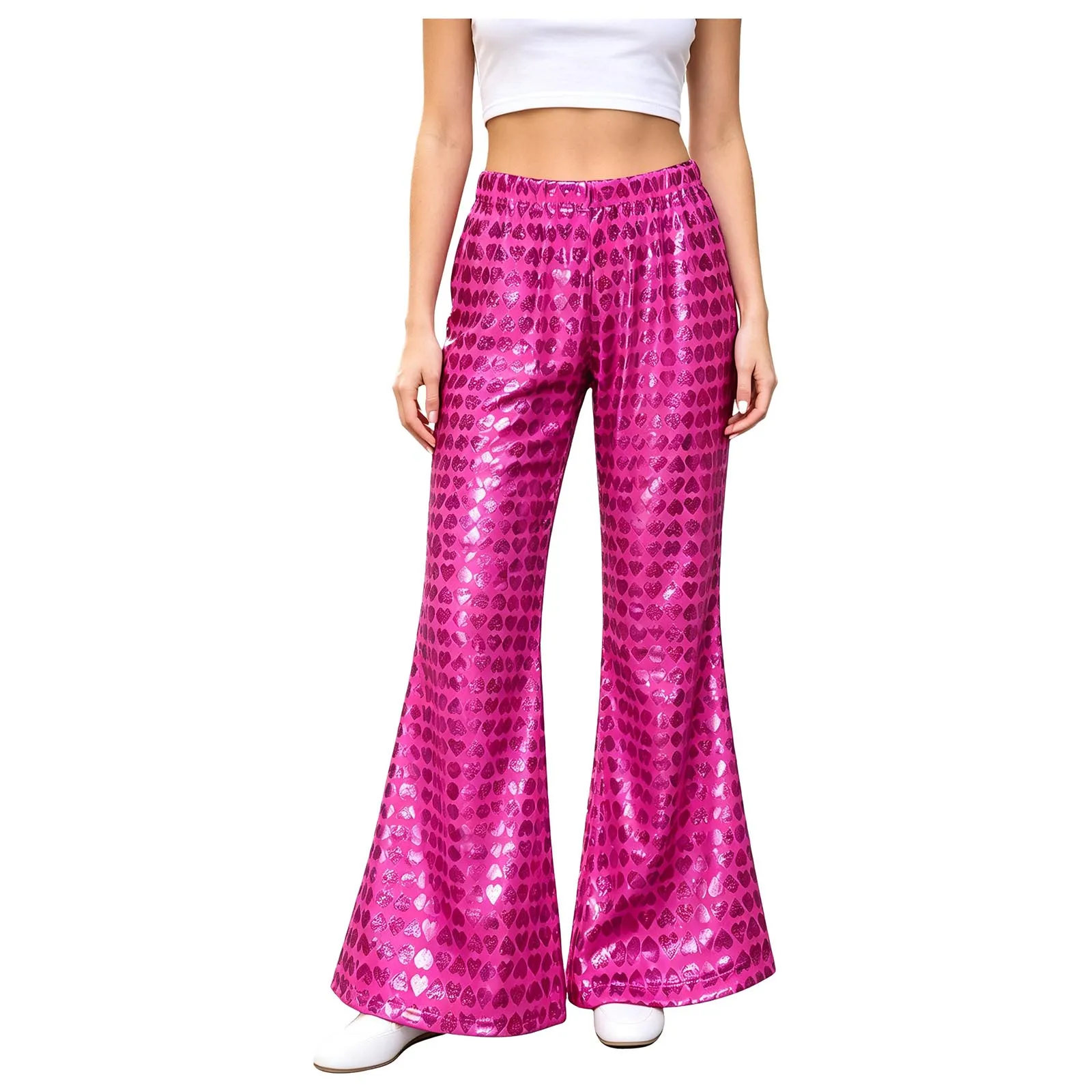 Children Metallic Hip Hop Jazz Dance Flared Pants Elastic Waistband Heart Print Bell-bottom Trouser for School Show Streetwear