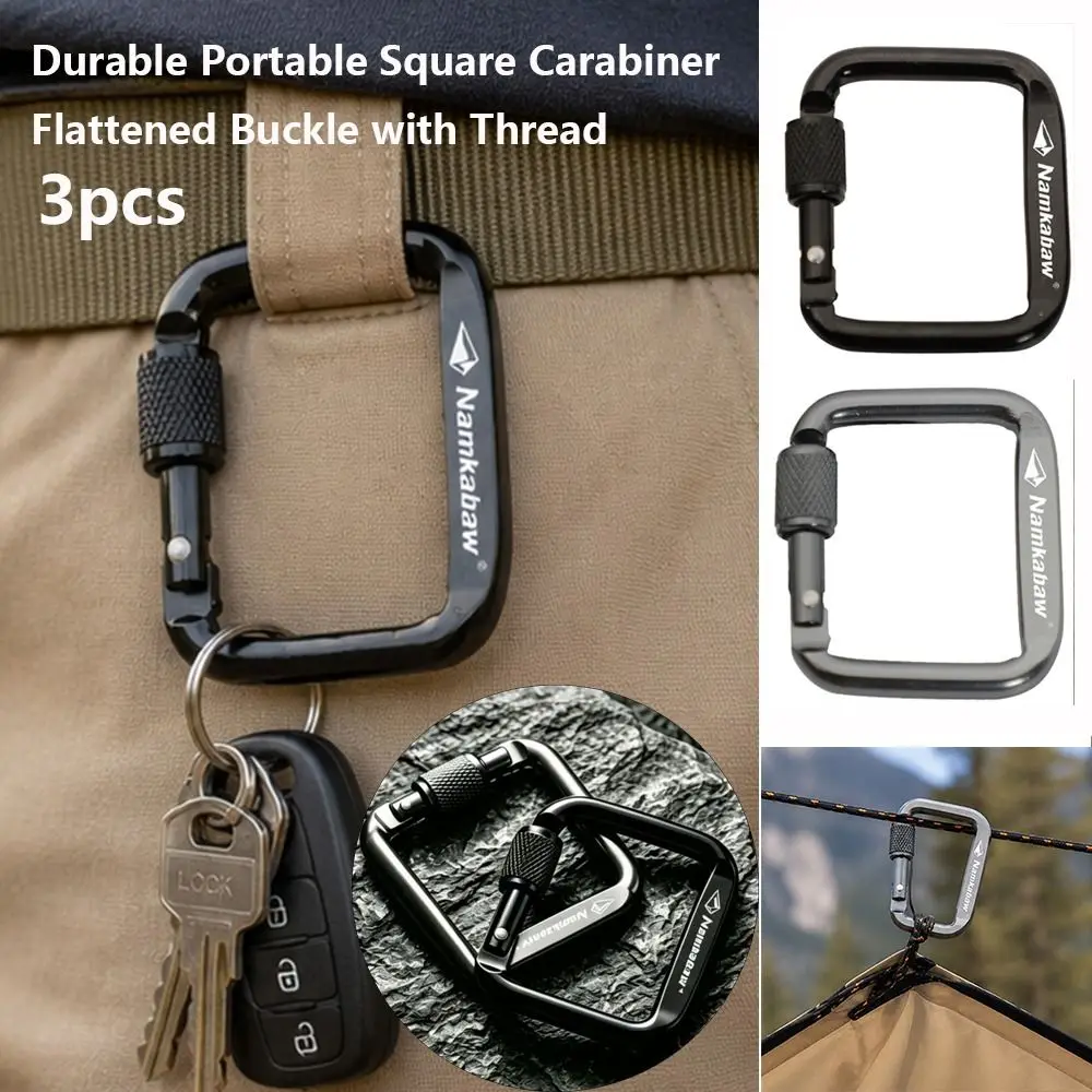 3pcs Durable Square Carabiner Flattened Buckle with Thread Portable Snap Clip Hook Black&Grey
