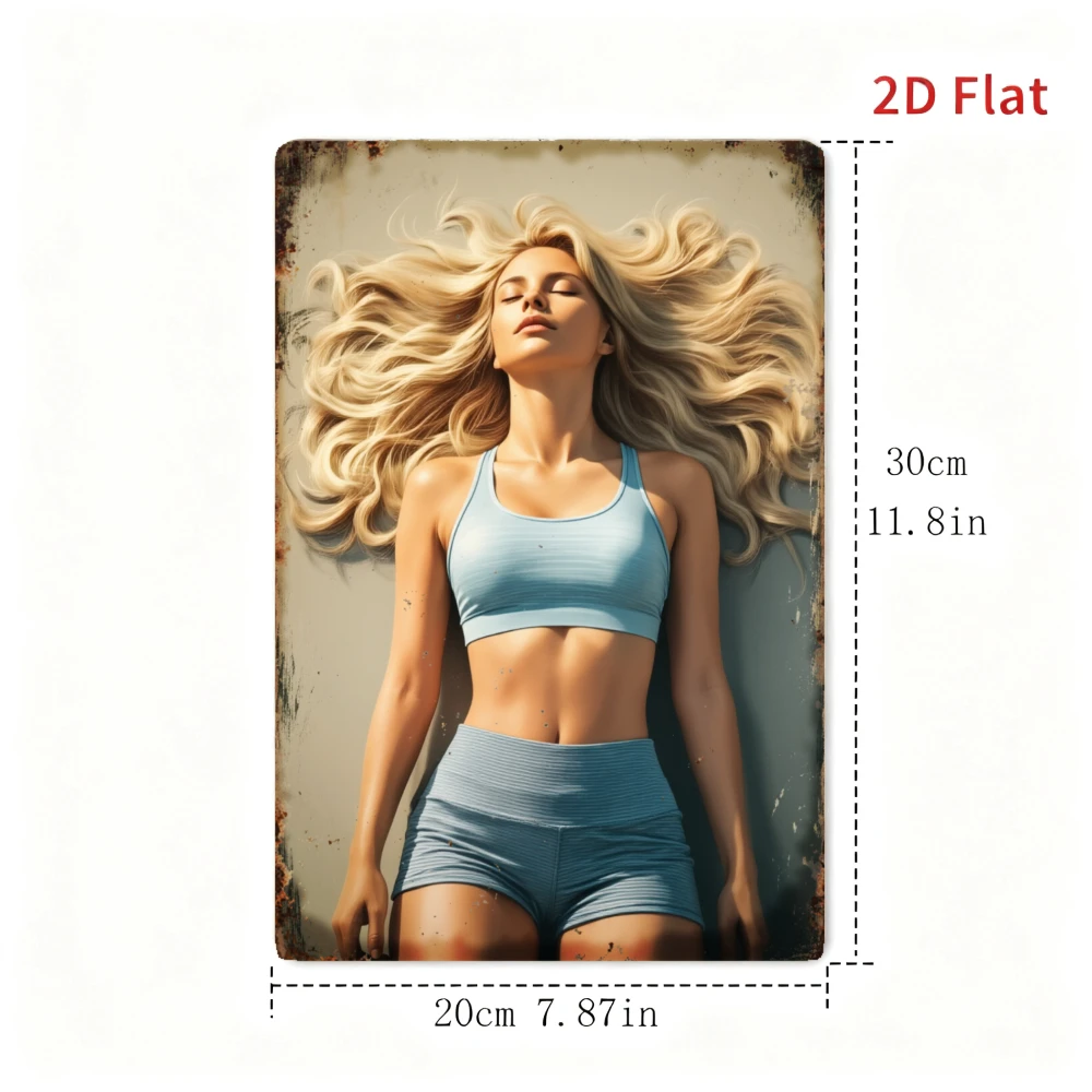 2D Flat, 2D Flat - 1 Metal Decorative Sign Depicting a Blonde Woman in a Blue Tracksuit, Suitable for Home Decor in Areas Such a