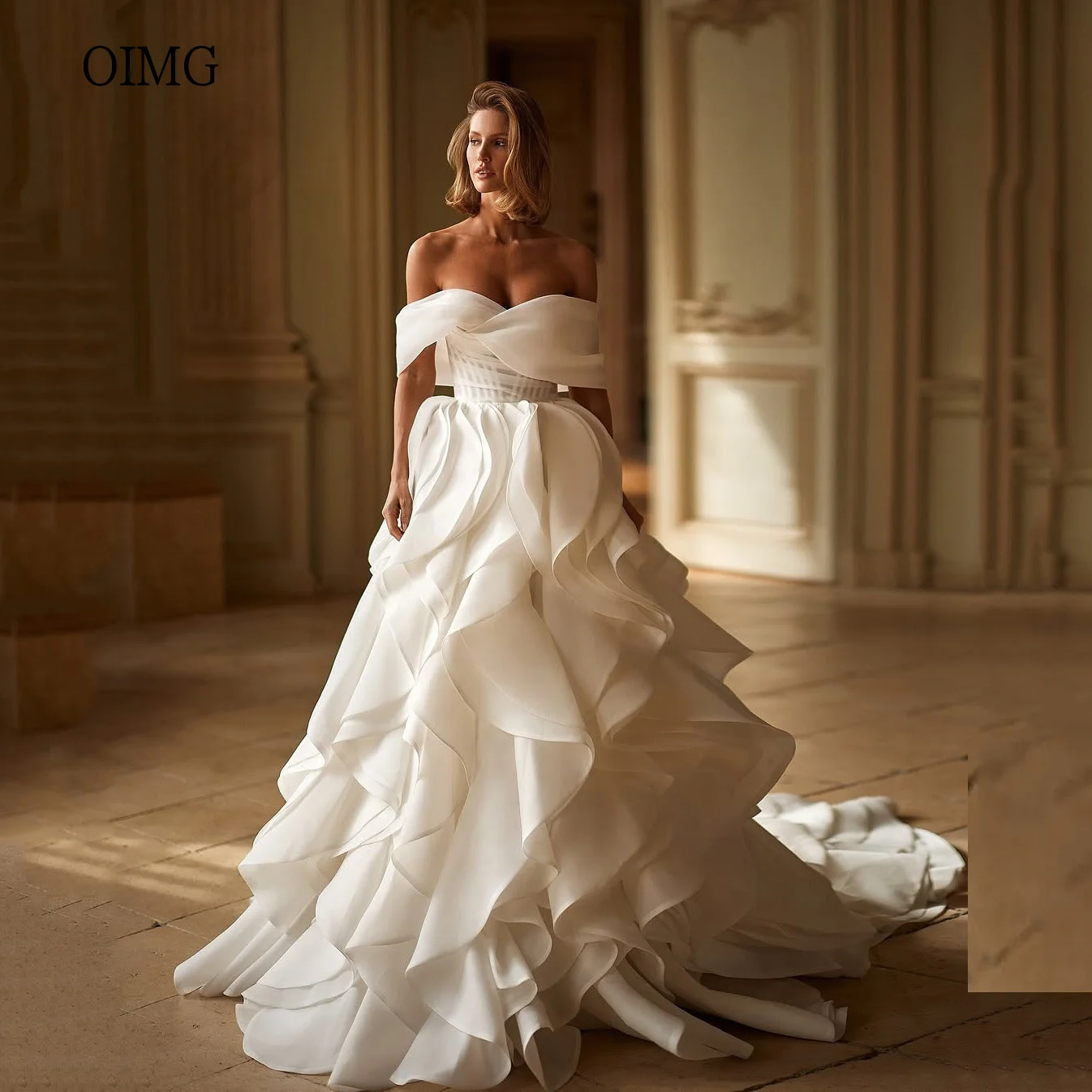 

OIMG Elegant Ivory A Line Wedding Dress Multilayer Off The Shoulder Bride Dresses Chiffon Floor Length Wedding Gowns Customized