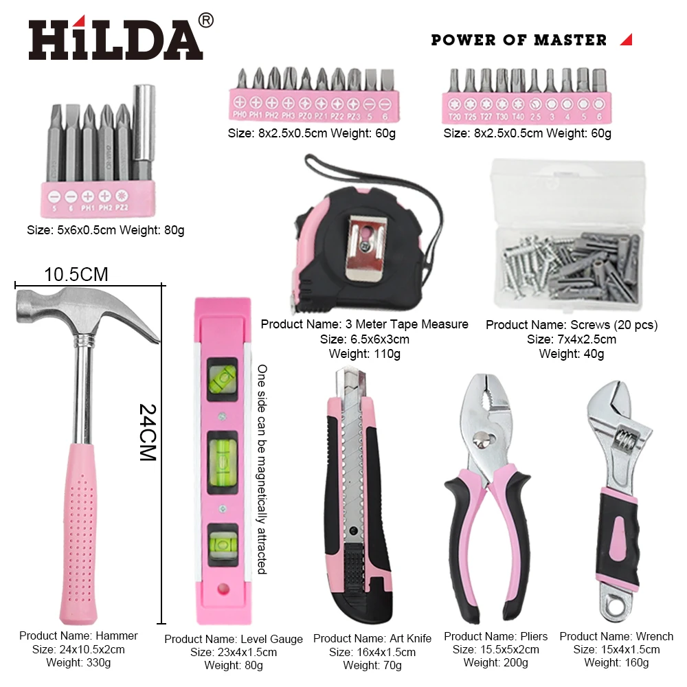 

Household Repair Tool Set, Multifunctional Pink Household Hand Tool Set with Storage Box, Durable Hammer and Screwdriver Set