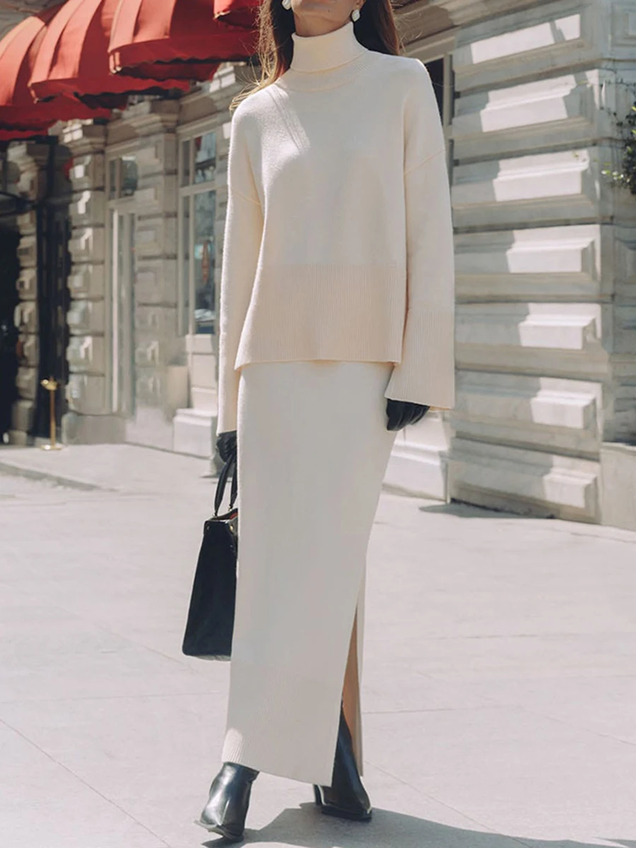 

Белая вязаная длинная юбка с разрезом, женская водолазка с длинным рукавом, свободный пуловер, свитер, осенний элегантный простой повседневный комплект из 2 предметов