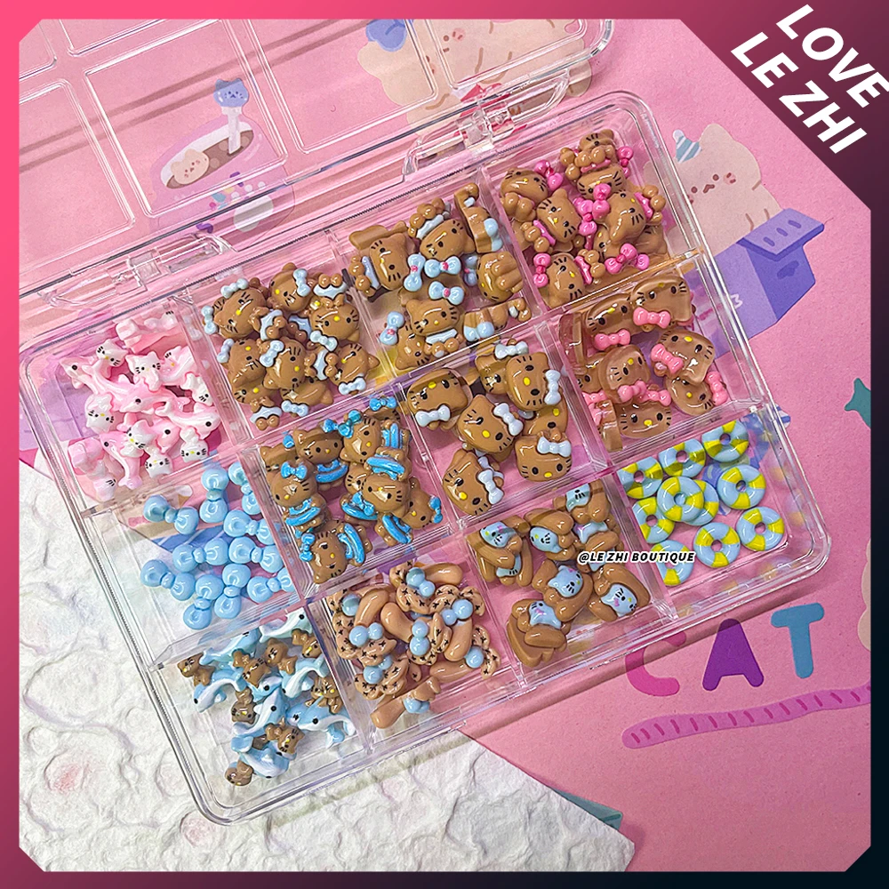 120Pcs Boxed Summer Ocean Beach Blue Hello Kitty Nails Art Charms Accessories Hawaii Black Skin Kt Dolphin Bow Resin Accessories