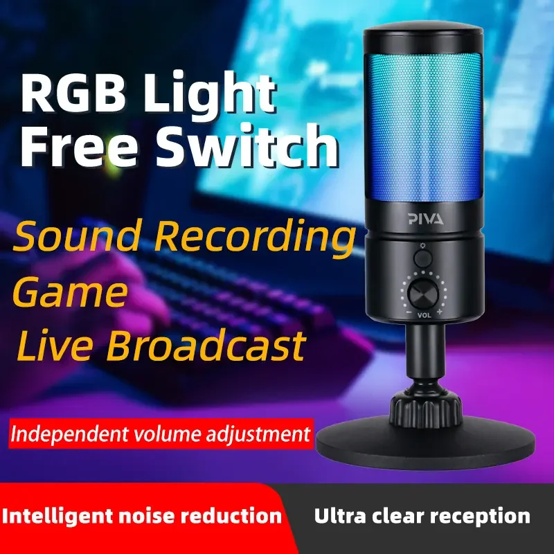 PIVA RGB light effect microphone with sound collection, no delay, live streaming, black on, zero delay, no driver microphone