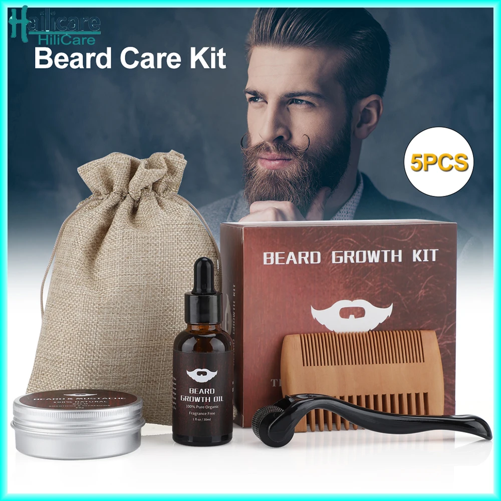 

4pcs/set Beard Growth Kit Hair Enhancerbeard Essential Oil Moisturizing Hair Wax Roller Comb For Men Barbe Beard Styling Care