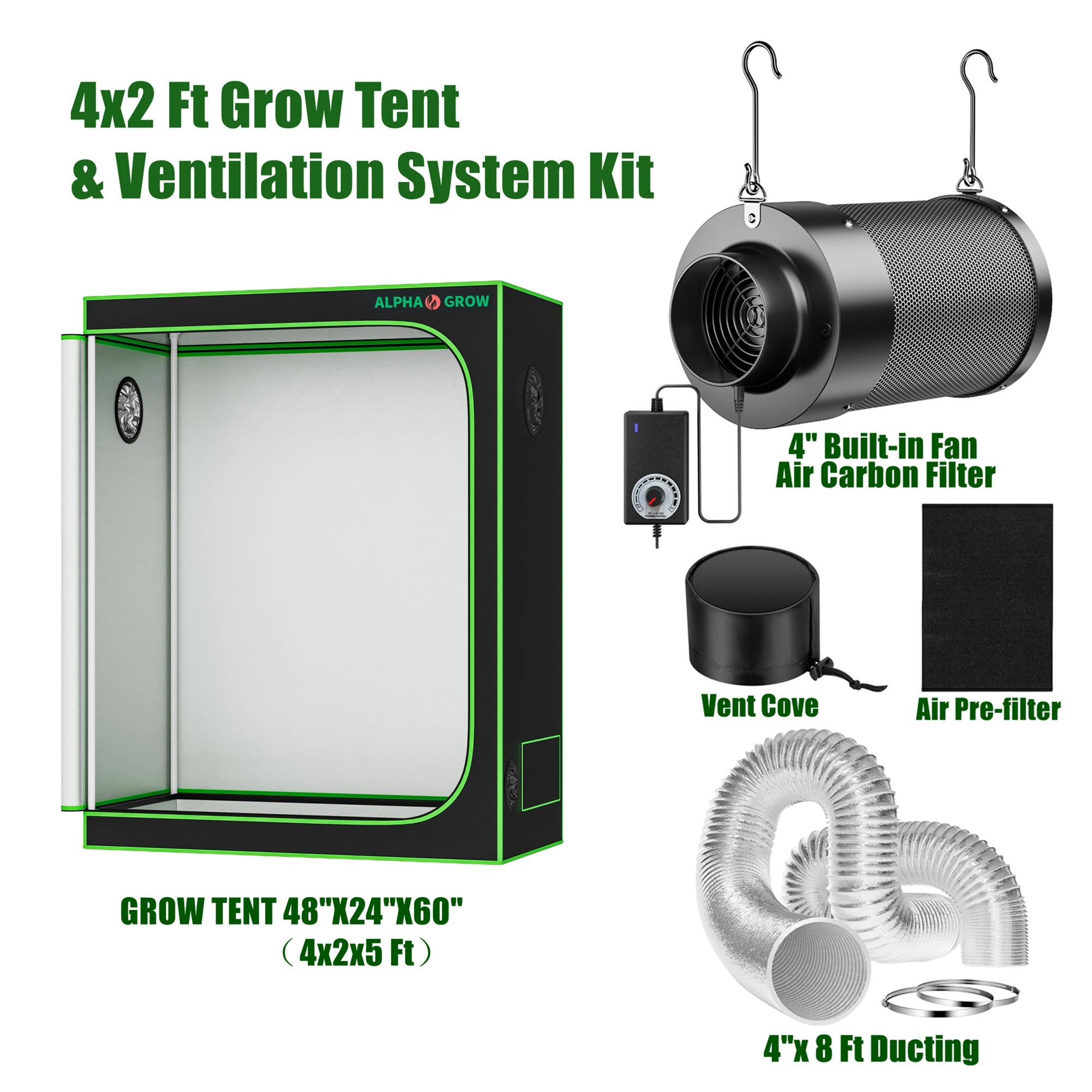

ALPHAGROW Fan-Filter Combo Grow Tent Kit - 4 Inch Inline Charcoal Unit With Speed Controller & Dual Flanges,2x2 Tent 24"x24"x48"