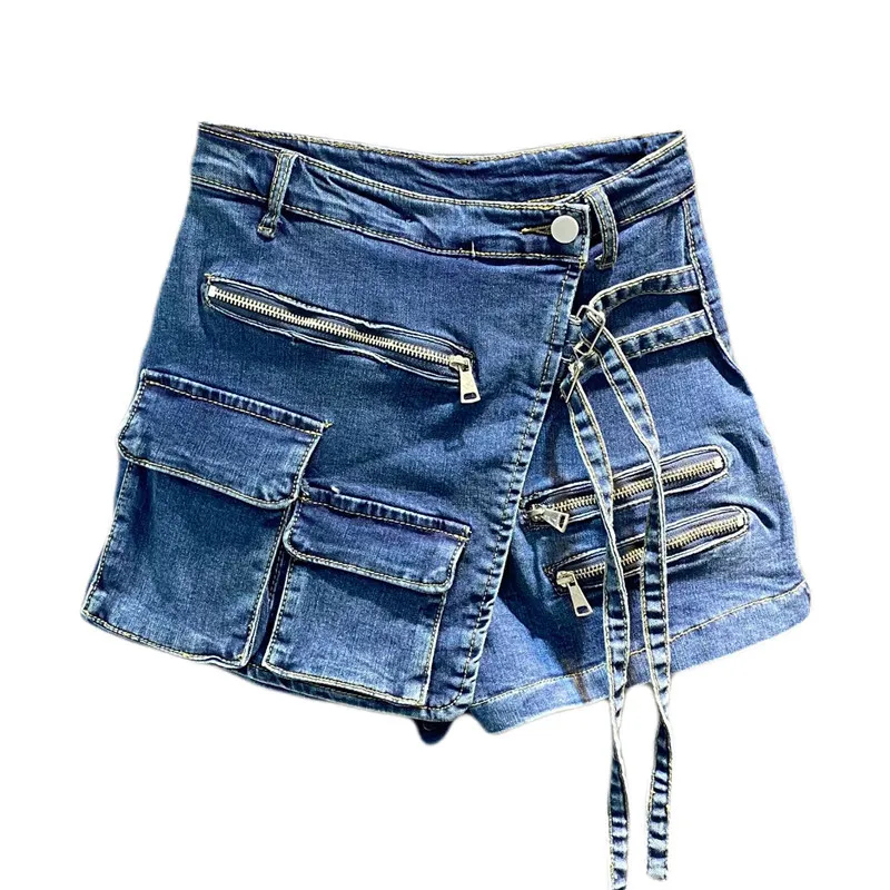 Summer Irregular Multi-Pocket Tooling A-Line Denim Shorts Skirt Women High Wasit Wide-Leg Loose Shorts q259