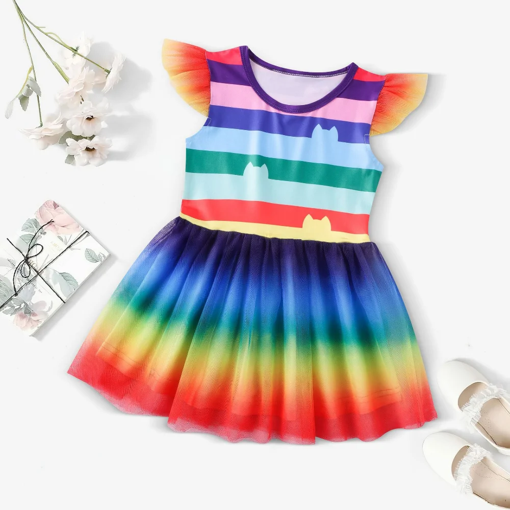 Gabby Cats Baby Girls Summer Gabby\'s Dollhouse Dress Rainbow stripe Kids Cosplay Princess Toddler Birthday Party Dresses+wig