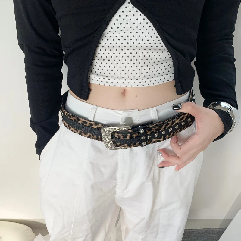 Retro Leopard Print Star Studded Women's Belt Korean Ins Y2K Sexy Patchwork Belt Jeans Skirt JK Subculture Punk Style Belt